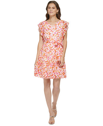 Женское платье с цветочным принтом и оборками на рукавах и завязках на талии DKNY