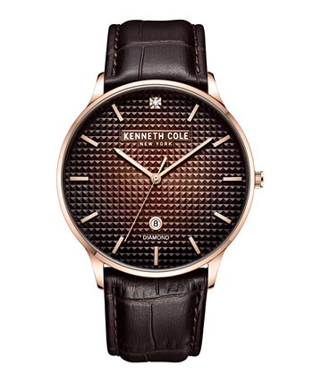 Мужские часы с бриллиантовым акцентом, коричневые, темные, с ремешком из натуральной кожи, 42 мм Kenneth Cole