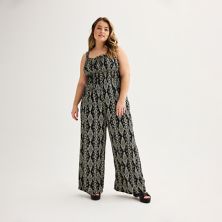 Juniors' Plus Size Live To Be Spoiled Geometric Print Sleeveless Tie Front Jumpsuit Live To Be Spoiled