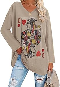 Fazortev Womens Oversized Long Sleeve Queen Of Hearts Graphic T Shirts V Neck Casual Loose Fit Tees Tunic Tops Fazortev