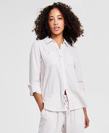 Petite Cotton Button-Front Roll-Sleeve Shirt Calvin Klein