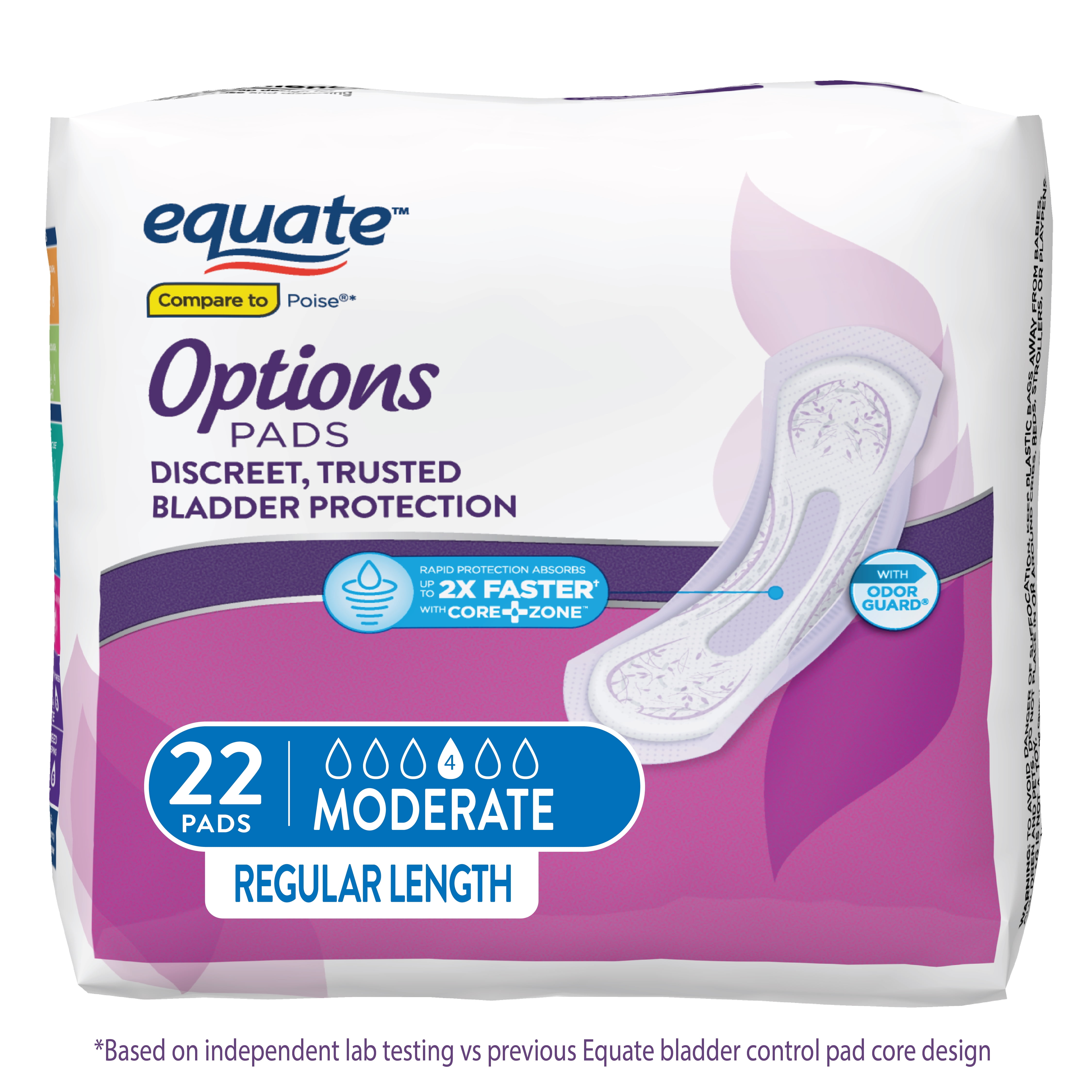 Equate Options Women's Incontinence Pads, Moderate Absorbency, Regular Length (22 Count) Equate