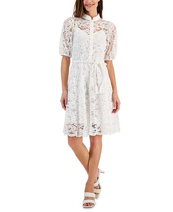 Petite Lace Belted Fit & Flare Dress Tahari