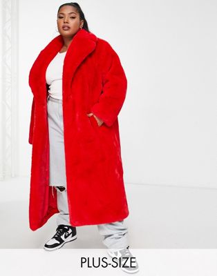 Ever New Curve oversized faux fur midi coat in pillarbox red Ever New Curve
