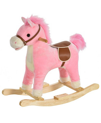 Rocking Horse Plush Animal on Wooden Rockers with Sounds, Wooden Base, Baby Rocking Chair for 36-72 Months, Pink Qaba