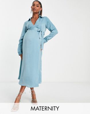 Missguided Maternity wrap shirt dress in blue satin Missguided Maternity