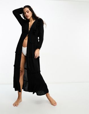 Черное пляжное летнее платье макси с длинными рукавами и оборками и завязками спереди Iisla & Bird Iisla & Bird
