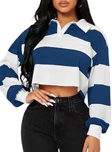 LovelyWholesale Women Striped Cropped Sweatshirts Polo Collar Long Sleeve Crop Tops LovelyWholesale