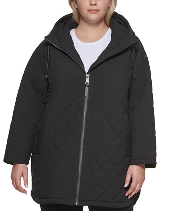 Стеганое пальто большого размера с капюшоном и отделкой из искусственной кожи большого размера DKNY