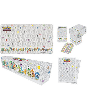 В комплект аксессуаров Pokémon First Partner входит коробка для хранения более 700 карт в рукавах. Коробка для колоды. Защитные рукава для колоды 65 карат. Игровой коврик 24 x 13,5 дюймов. Ultra Pro