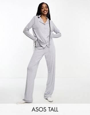 Пижамный комплект серого верескового цвета из мягкого трикотажа с длинными рукавами и брюками ASOS DESIGN Tall с контрастной окантовкой ASOS Tall