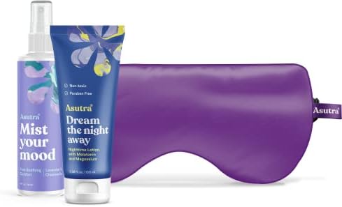 ASUTRA Dorm Set Bundle, 3 Products – Purple Silk Eye Mask Filled with Lavender and Flax Seeds, Melatonin Lotion with Magnesium and Shea Butter, Lavender and Chamomile Aromatherapy Mist Asutra