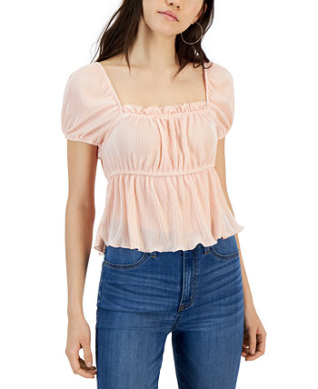 Juniors' Short-Puff-Sleeve Square-Neck Top Love, Fire