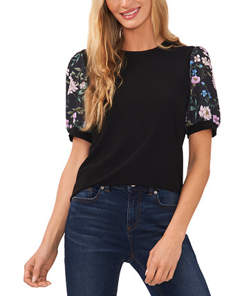 Women's Mixed-Media Floral Puff-Sleeve Top CeCe