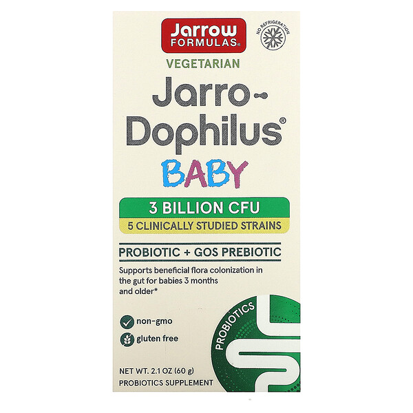 Jarro-Dophilus Baby, Пробиотик для детей от 3 месяцев до 4 лет, 3 миллиарда живых бактерий, 2,1 унции (60 г) Jarrow Formulas