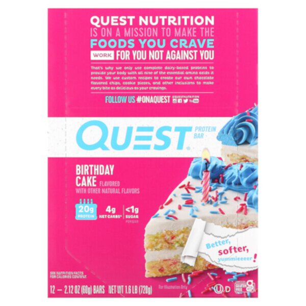 Протеиновый батончик, торт ко дню рождения, 12 штук в упаковке по 2,12 унции (60 г) каждая Quest Nutrition