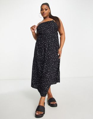 Эксклюзивное пляжное летнее платье макси Esmee Plus в черный горошек с многоярусной отделкой Esmee Curve