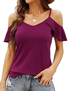 Blingfit Women Summer Cold Shoulder Tops Loose V Neck Short Sleeve Blouses Sexy Casual Ruffle Sleeves Tunic Shirts S-XXL Blingfit