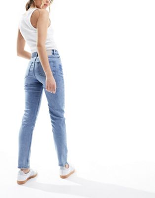 Pieces Bella high waisted tapered ankle jeans in light blue Pieces