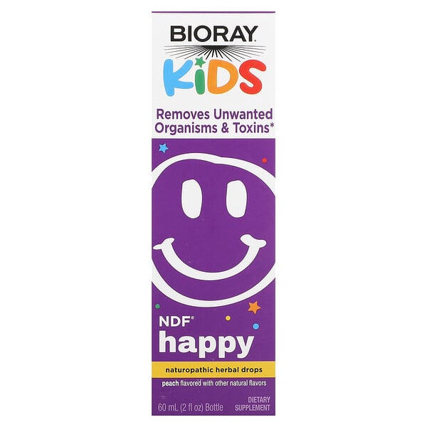 NDF Happy, Удаляет нежелательные организмы и токсины, для детей, со вкусом персика, 2 жидких унции. (60 мл) Bioray