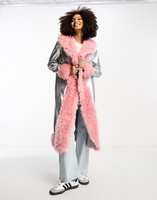 Серебристо-розовое пальто с отделкой из искусственной овчины цвета металлик Annorlunda Annorlunda