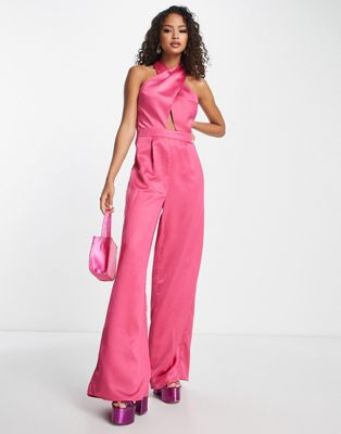 Розовый комбинезон с широкими штанинами и вырезом на шее In The Style In The Style