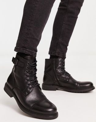 Купить Ботинки Jack \u0026 Jones leather lace up boots with side zip in blackJack \u0026 Jones, цвет - черный, по цене 15 450 рублей в интернет-магазинеUsmall.ru