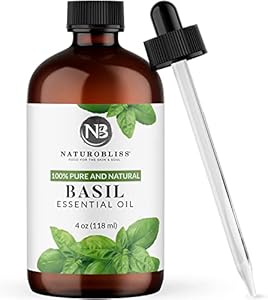 NaturoBliss 100% Pure Basil Essential Oil Therapeutic Grade Premium Quality (4 fl. oz) with Glass Dropper, Perfect for Aromatherapy NaturoBliss