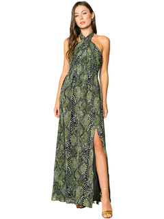 Оливковое платье макси со змеиным принтом и завязками на шее LAVENDER BROWN