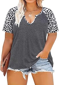 TIYOMI Plus Size Tops for Women Henley V Neck Short Sleeve Tunic Leopard Cheetah Color Block Tees Summer T Shirts TIYOMI