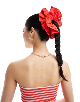 ASOS DESIGN scrunchie hair tie with broderie design in red ASOS DESIGN