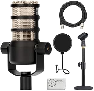 Rode PodMic Dynamic Podcasting Microphone | Black Bundle with Pop Filter + Desktop Microphone Stand + XLR Cable + Cleaning Cloth (5 Item) Rode