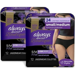 Always Discreet Boutique Low-Rise Incontinence and Postpartum Underwearfor Women, Black, Size S/M, 24 Count Visit the Always Store