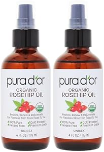 PURA D'OR 4 Oz ORGANIC Rosehip Seed Oil Hair Relaxer 100% Pure Cold Pressed USDA Certified All Natural For Anti-Aging, Scar Treatment, Gua Sha Massage, Face, Hair & Skin - Women & Men PURA D'OR