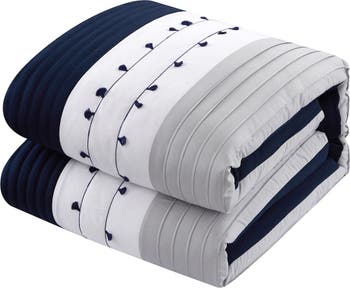 Lannie Color Block Плиссированный вышитый дизайн King Comforter Set - Темно-синий - Набор из 5 предметов CHIC