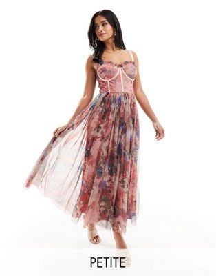 Lace & Beads Petite corset tulle midi dress in pink floral mix LACE & BEADS