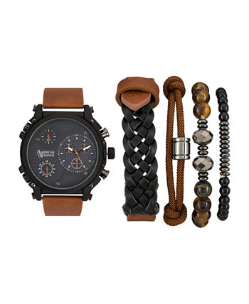 Мужские черные / коричневые аналоговые кварцевые часы и стекируемый подарочный набор American Exchange