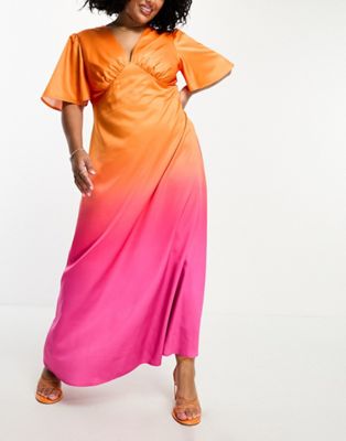 Платье макси с объемным вырезом и глубокими передними рукавами Flounce London Plus розового и оранжевого цвета с эффектом омбре Flounce London