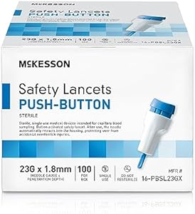 McKesson Safety Lancet, Retractable, Push Button Activation - Ideal for Blood Testing - Sterile, Single Use, 23 Gauge, 1.8mm Depth, 100 Count, 1 Pack Mckesson