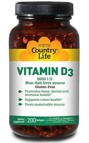 Витамин D3 - 5000 МЕ - 200 мягких капсул - Country Life Country Life
