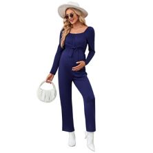 Women's Pregnancy Jumpsuits Long Sleeve Crewneck Casual Tie Front Elastic Waist Stretchy Romper MISSKY