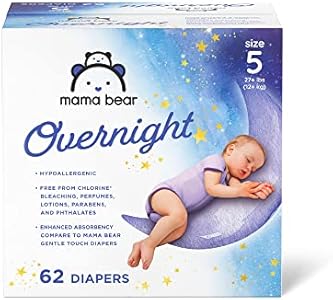 Amazon Brand - Mama Bear Overnight Diapers, Hypoallergenic, Size 5 (62 count), Disposable Baby Diapers, Night Time Protection, White Mama Bear