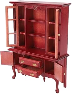 VBESTLIFE Dollhouse Furniture Cabinet, 1:12 Scale Wooden Cupboard Bookcase Display Shelf, Dollhouse Bookshelf for DIY Dollhouse Living Room (Maroon) Vbestlife