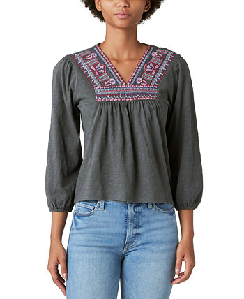 Women's Embroidered V-Neck 3/4-Sleeve Peasant  Top Lucky Brand