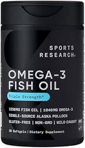 Sports Research Triple Strength Omega 3 Fish Oil 1250mg from Wild Alaska Pollock - Burpless Fish Oil Supplement with Omega3s EPA & DHA - Sustainably Sourced, Non-GMO, Gluten Free - 30 Softgels (Мягкие капсулы) Sports Research