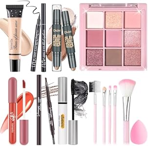 Makeup Set Kit for Women Girls Teens, Makeup Present Set, Includes 9 Color Eyeshadow, Counter Stick, Foundation, Eyebrow Pencil, Eyeliner, Mascara, Lip Gloss, 5Pcs Brushes, Sponge YBUETE