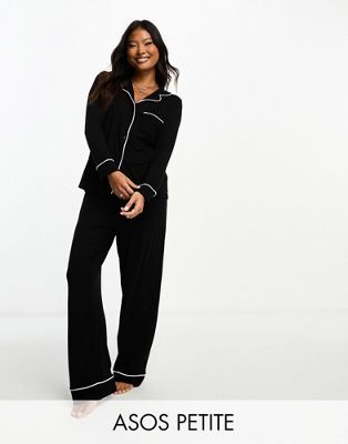 Черный пижамный комплект из вискозной рубашки и брюк с длинными рукавами и контрастной окантовкой ASOS DESIGN Petite ASOS Petite