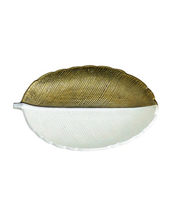 14in. Gold and White Leaf Decorative Accent Tray NEARLY NATURAL