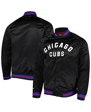 Мужская черная университетская куртка с длинными кнопками из атласа реглан Chicago Cubs Mitchell & Ness