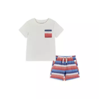 Little Boy's &amp; Boy's Striped Cotton T-Shirt &amp; Linen-Blend Shorts Set Andy & Evan